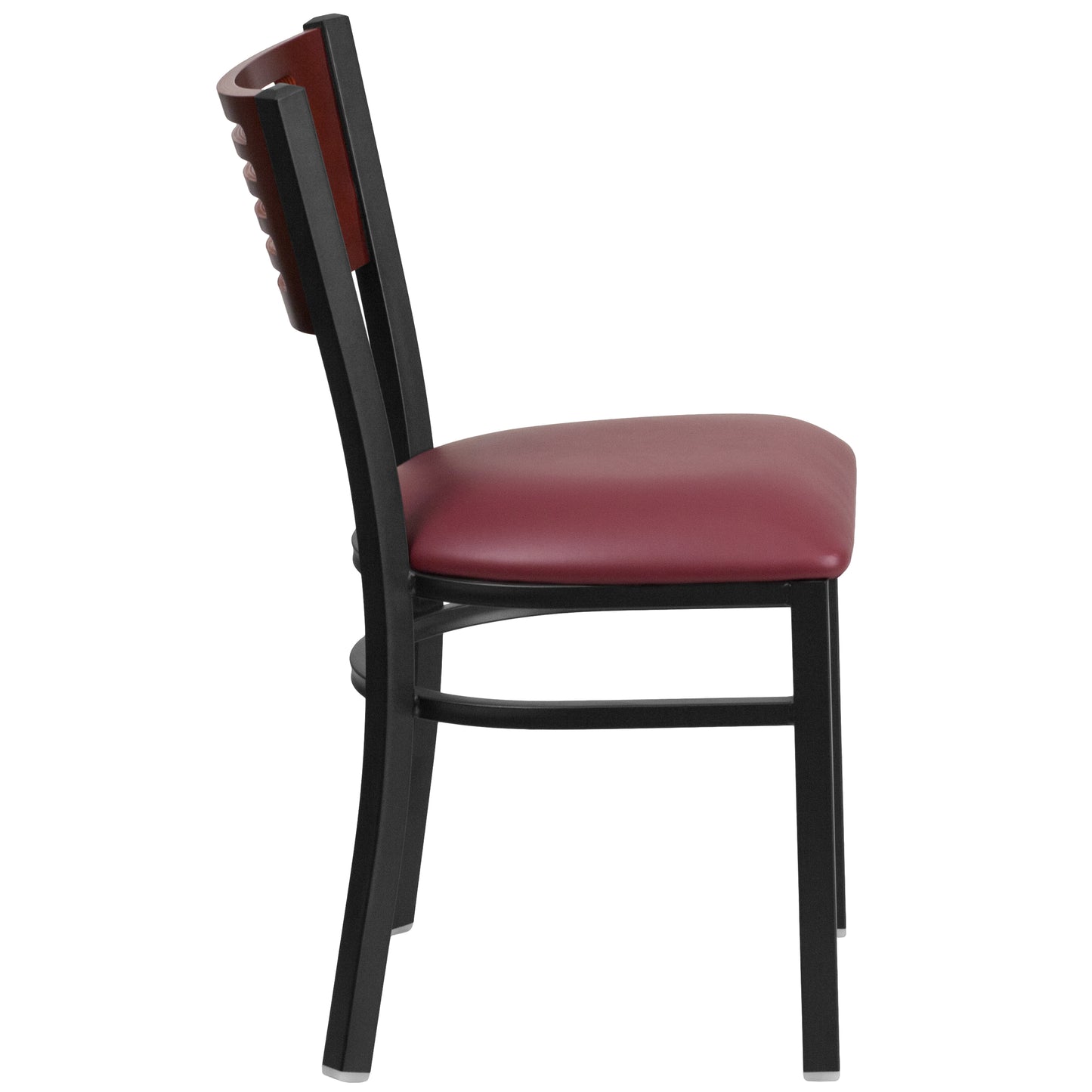 Slat Back Metal Restaurant Chair - Mahogany Wood Back, Vinyl Seat