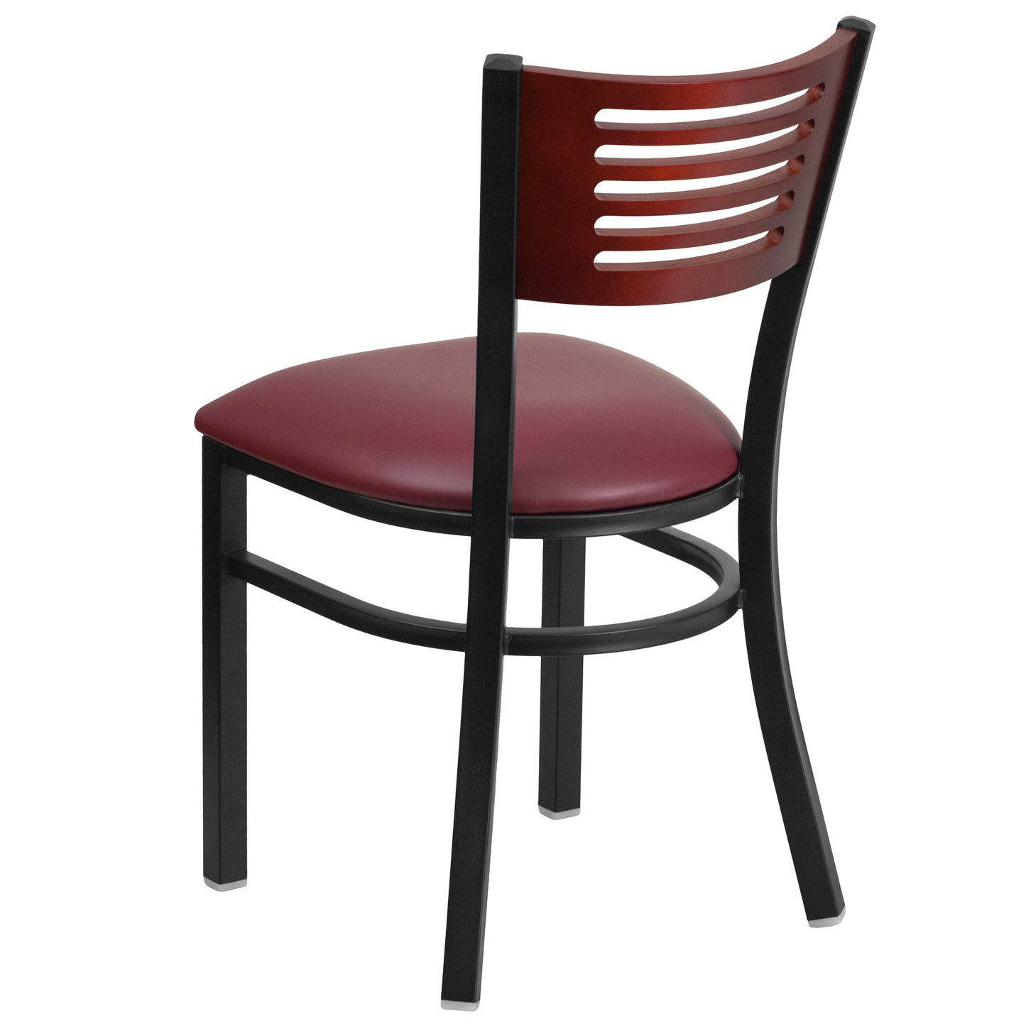 Slat Back Metal Restaurant Chair - Mahogany Wood Back, Vinyl Seat