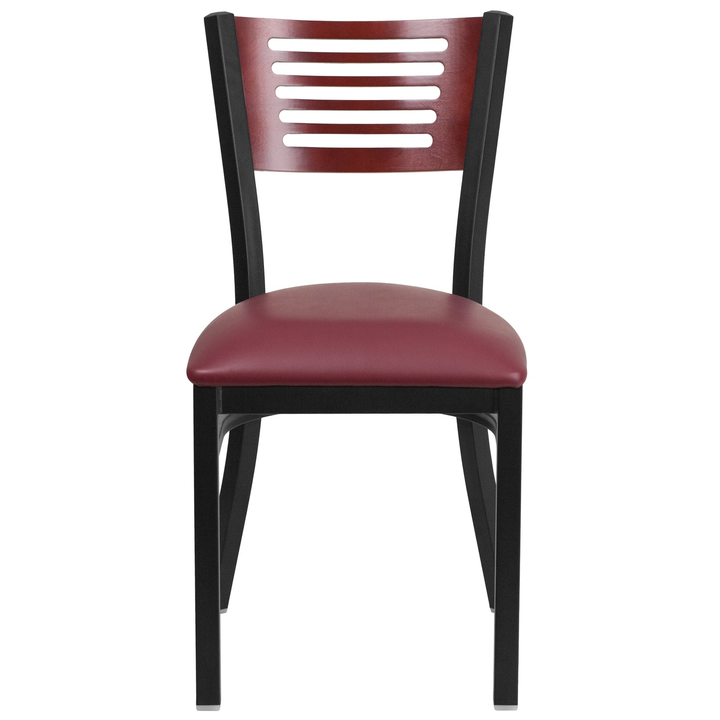 Slat Back Metal Restaurant Chair - Mahogany Wood Back, Vinyl Seat