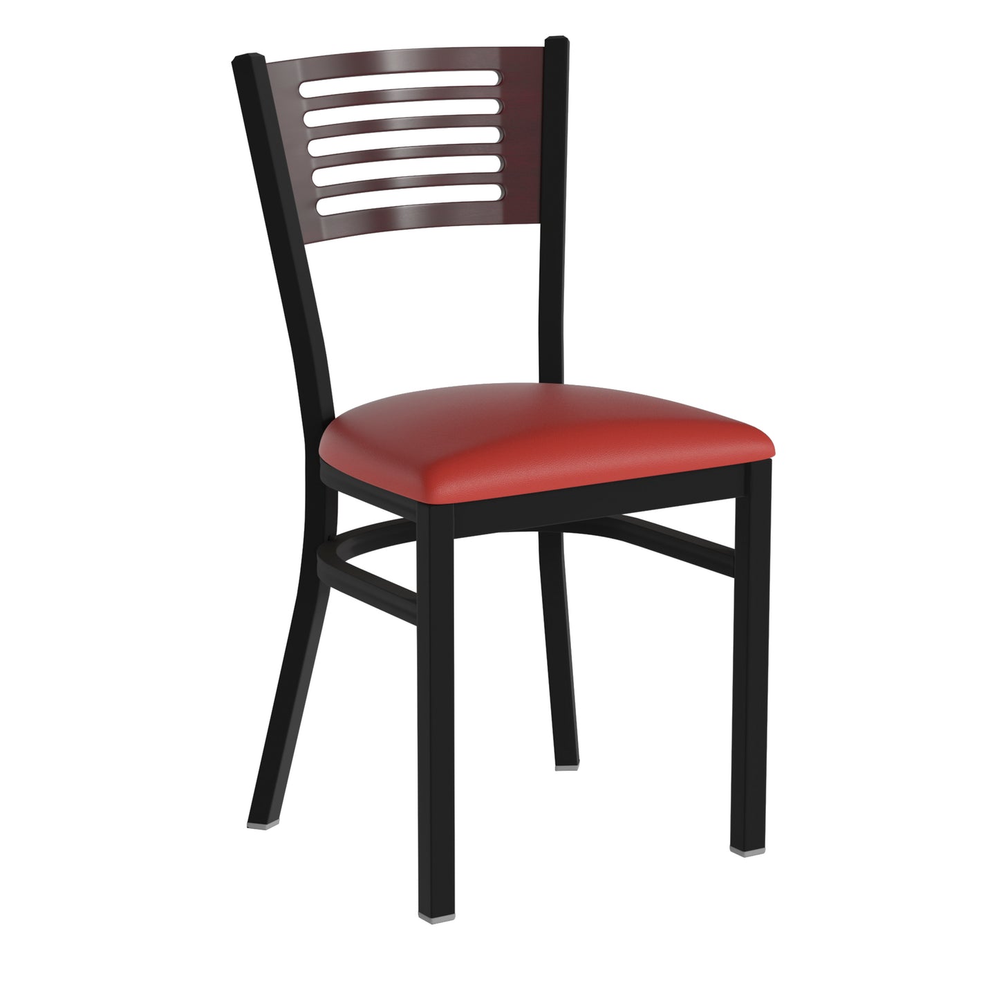 Slat Back Metal Restaurant Chair - Mahogany Wood Back, Vinyl Seat