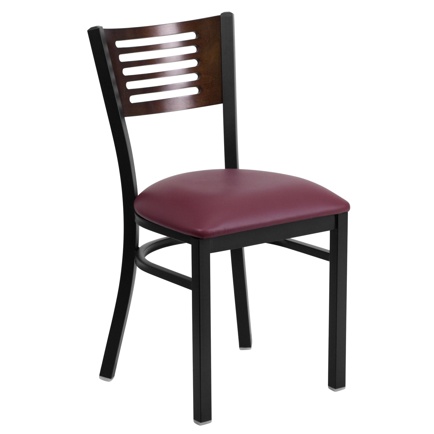 Slat Back Metal Restaurant Chair - Walnut Wood Back, Vinyl Seat