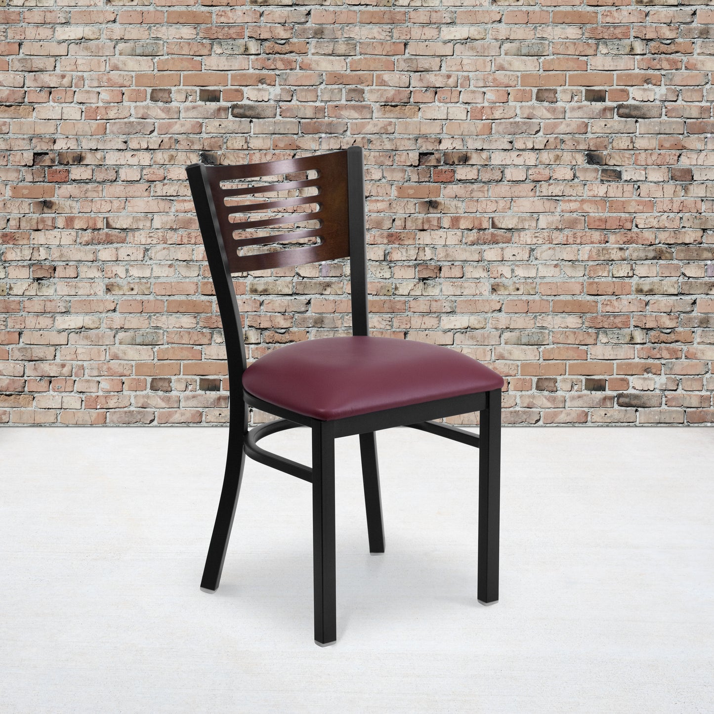 Slat Back Metal Restaurant Chair - Walnut Wood Back, Vinyl Seat