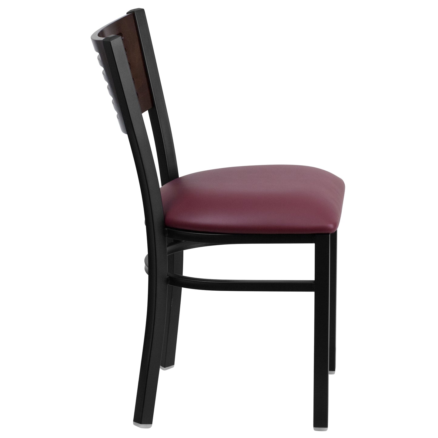 Slat Back Metal Restaurant Chair - Walnut Wood Back, Vinyl Seat