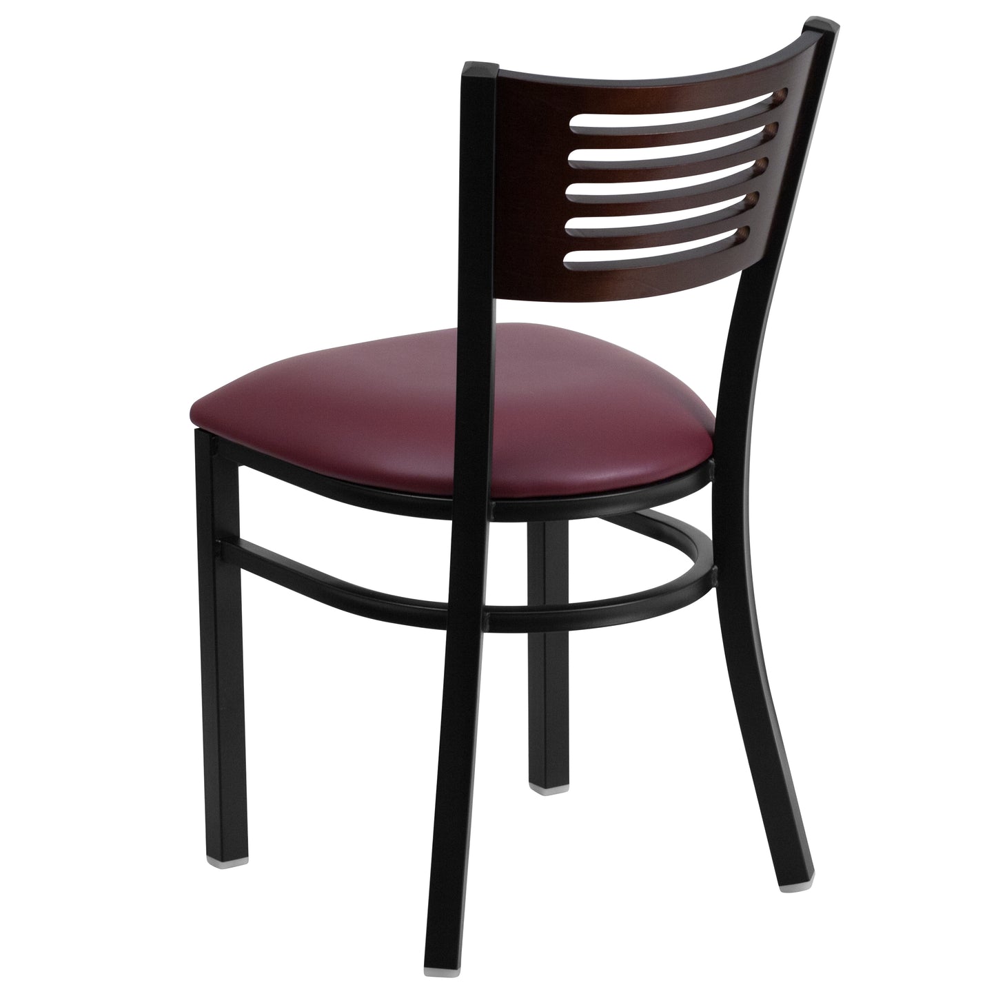 Slat Back Metal Restaurant Chair - Walnut Wood Back, Vinyl Seat