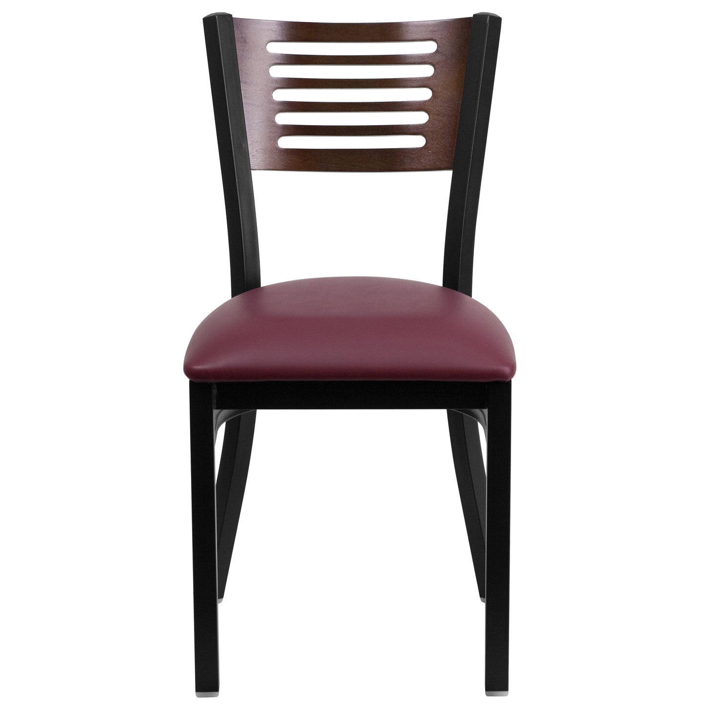 Slat Back Metal Restaurant Chair - Walnut Wood Back, Vinyl Seat