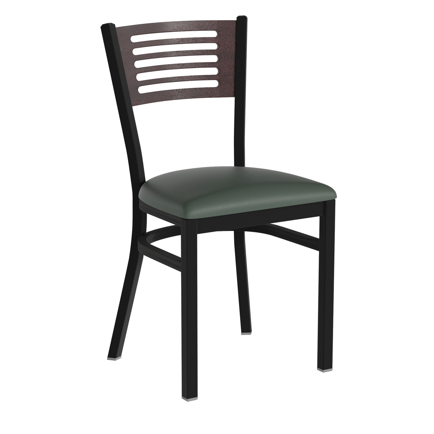 Slat Back Metal Restaurant Chair - Walnut Wood Back, Vinyl Seat