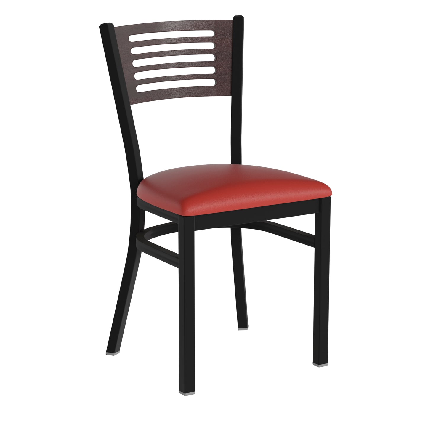 Slat Back Metal Restaurant Chair - Walnut Wood Back, Vinyl Seat