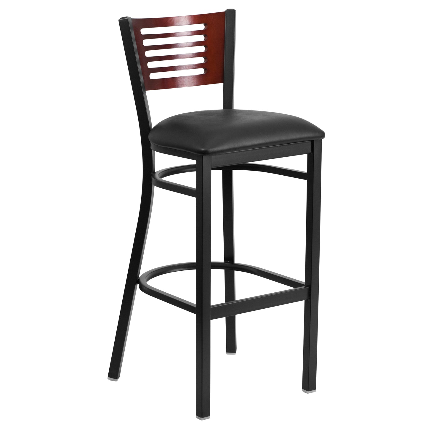 Slat Back Metal Restaurant Barstool - Mahogany Wood Back, Vinyl Seat