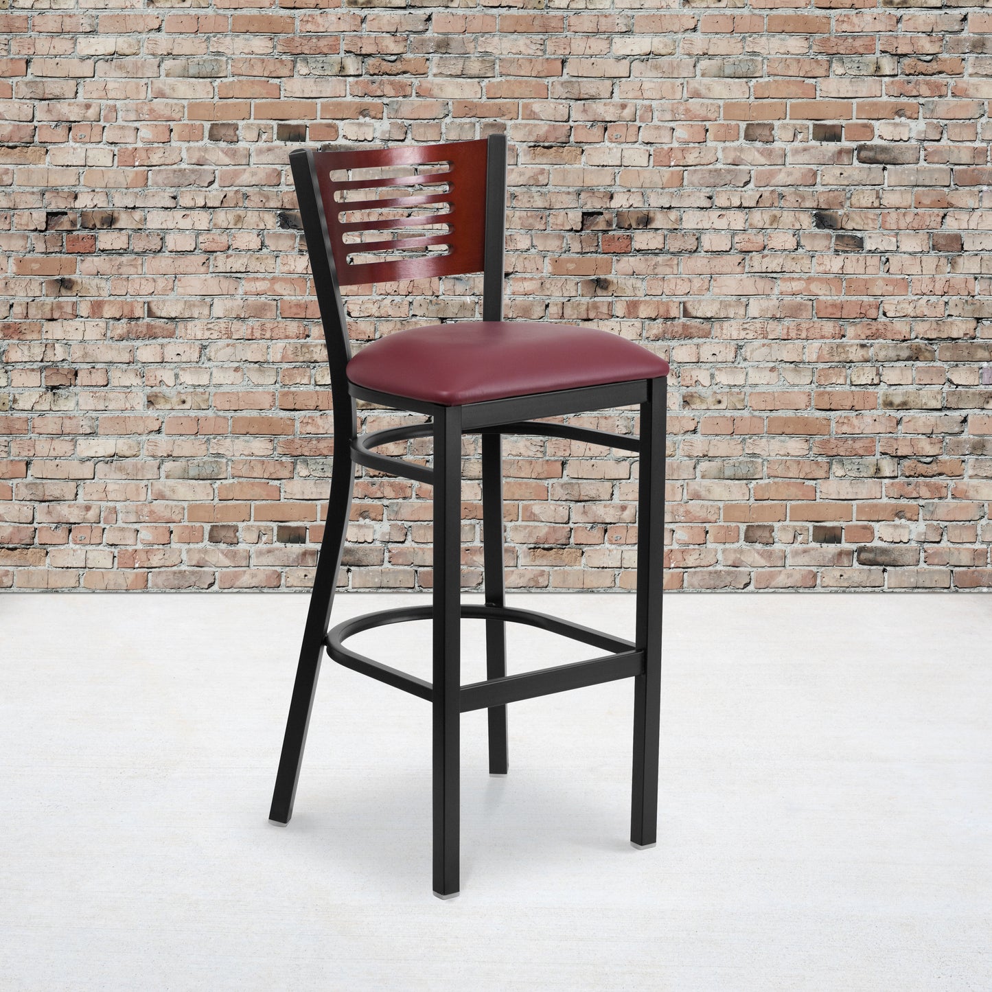 Slat Back Metal Restaurant Barstool - Mahogany Wood Back, Vinyl Seat