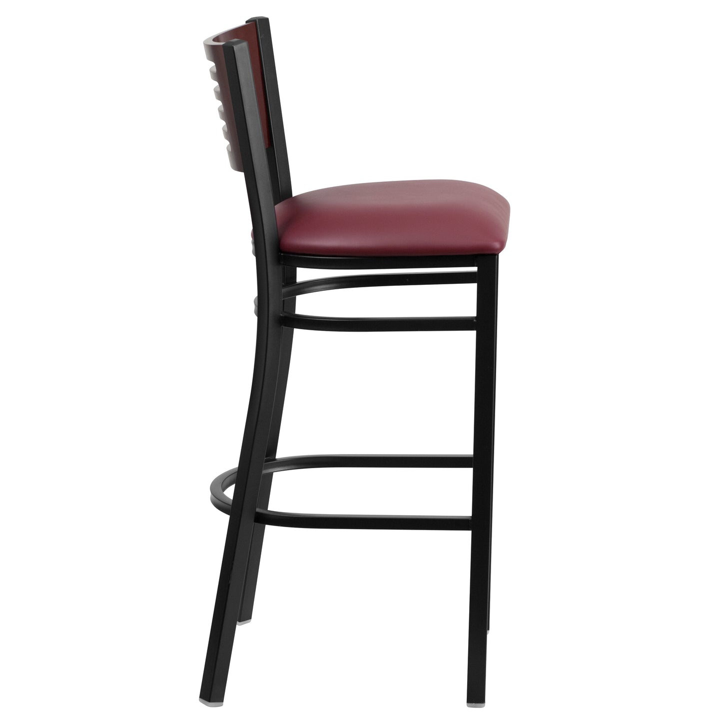 Slat Back Metal Restaurant Barstool - Mahogany Wood Back, Vinyl Seat