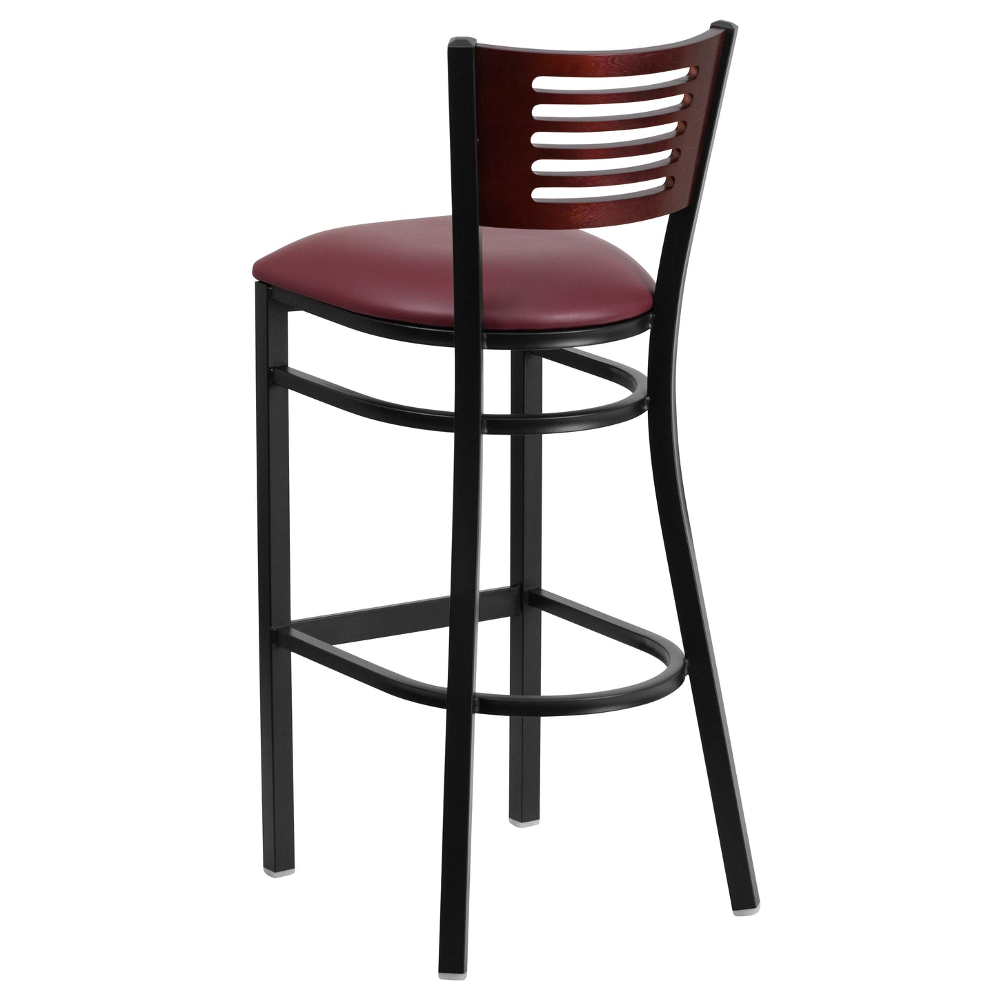 Slat Back Metal Restaurant Barstool - Mahogany Wood Back, Vinyl Seat