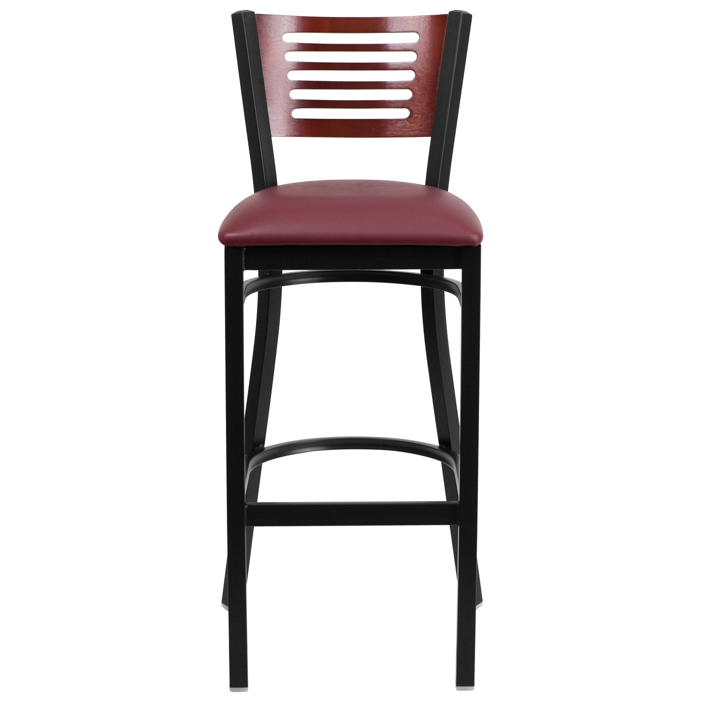 Slat Back Metal Restaurant Barstool - Mahogany Wood Back, Vinyl Seat