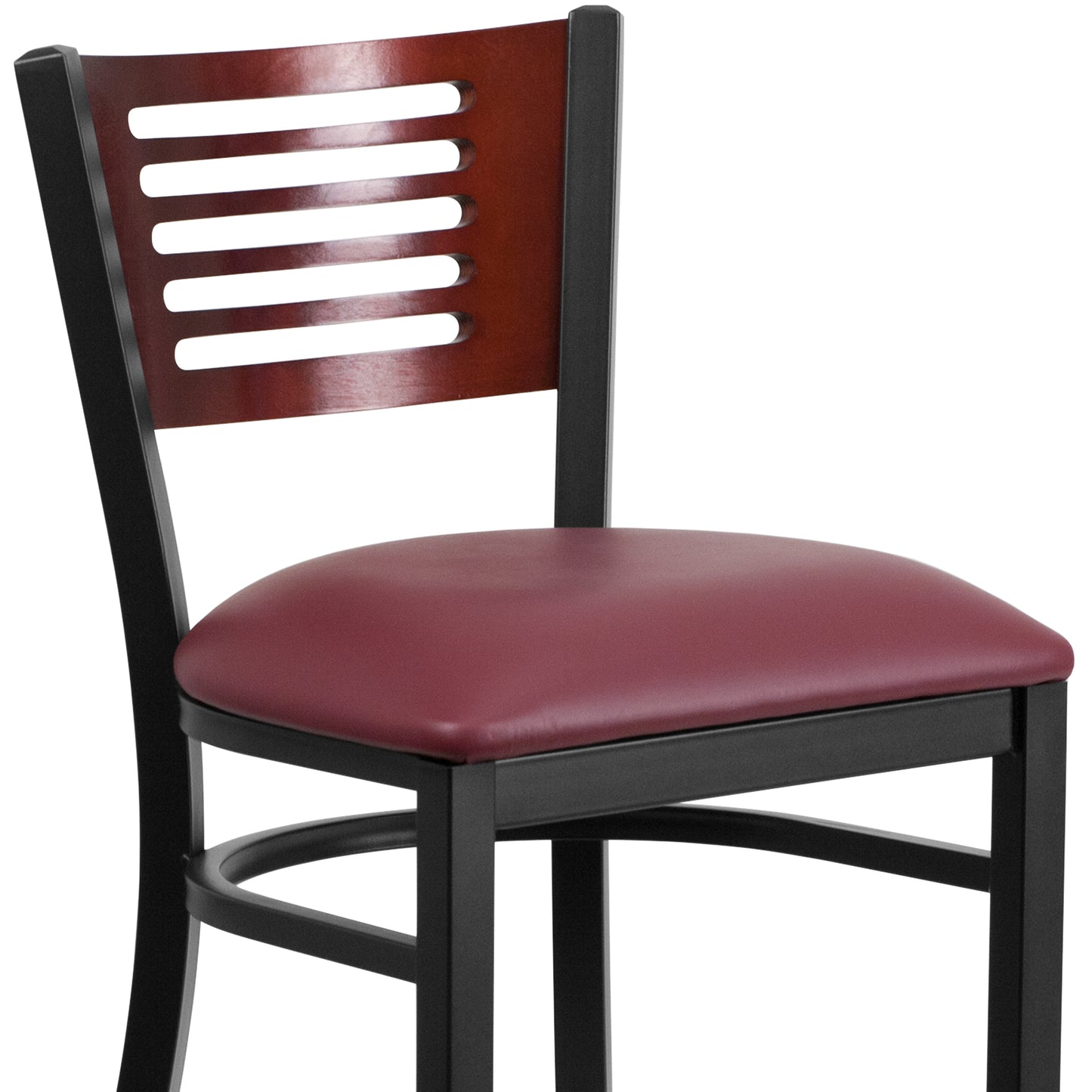 Slat Back Metal Restaurant Barstool - Mahogany Wood Back, Vinyl Seat