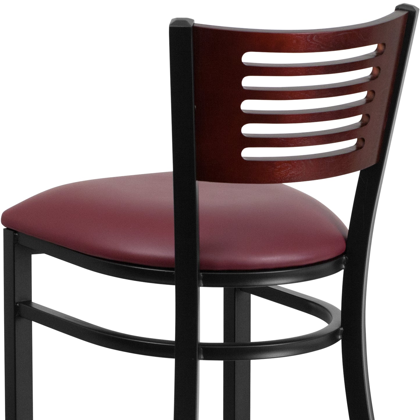 Slat Back Metal Restaurant Barstool - Mahogany Wood Back, Vinyl Seat