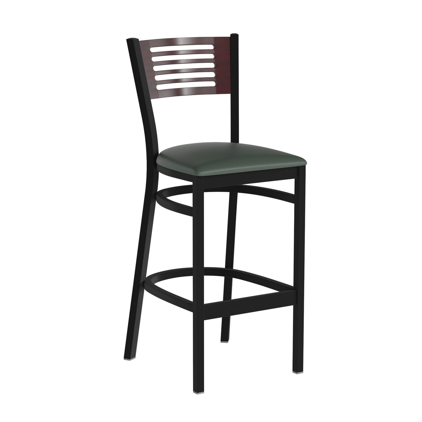 Slat Back Metal Restaurant Barstool - Mahogany Wood Back, Vinyl Seat