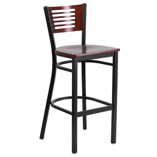 Slat Back Metal Restaurant Barstool - Mahogany Wood Back & Seat