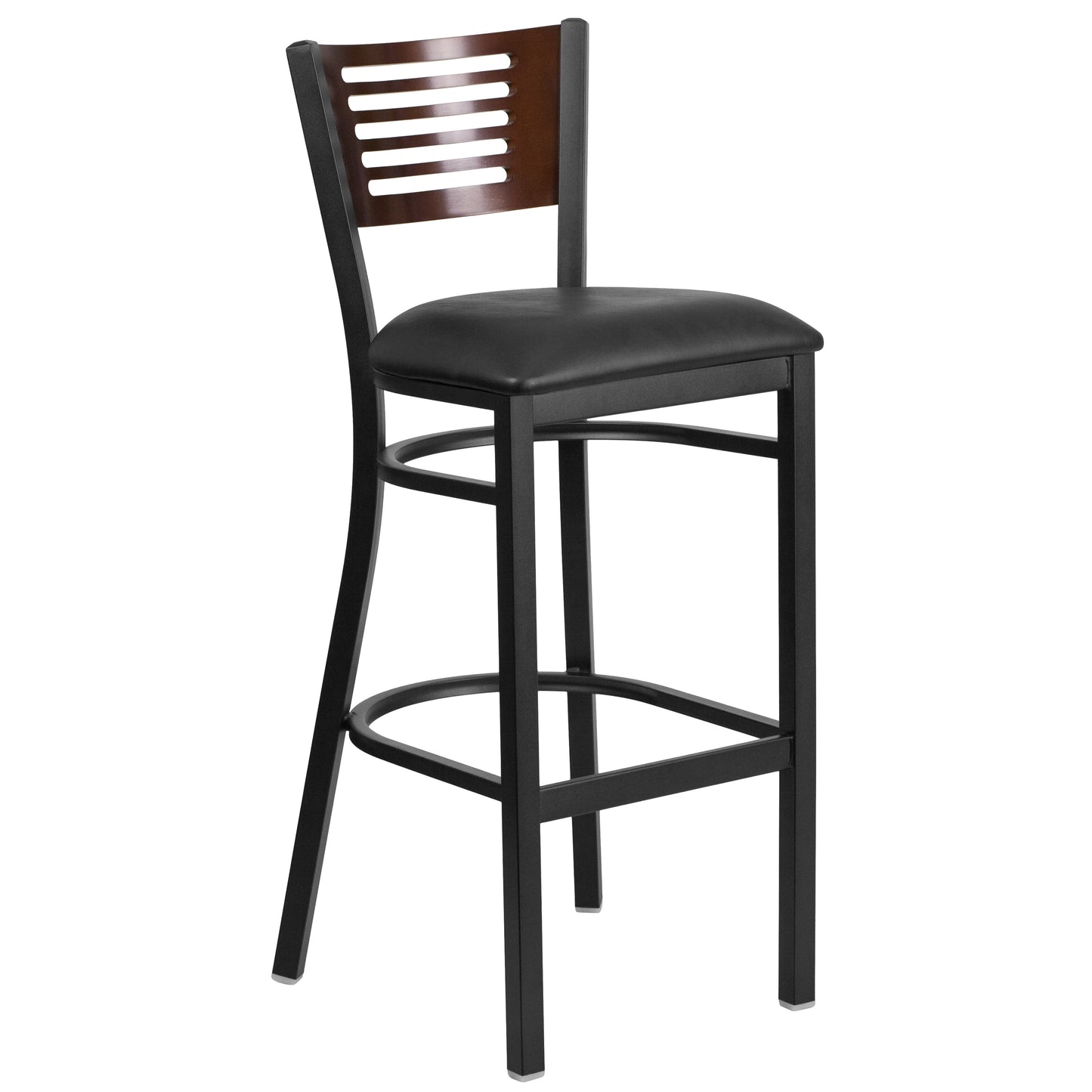 Slat Back Metal Restaurant Barstool - Walnut Wood Back, Vinyl Seat