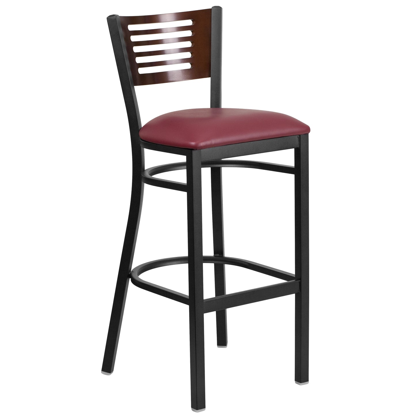 Slat Back Metal Restaurant Barstool - Walnut Wood Back, Vinyl Seat