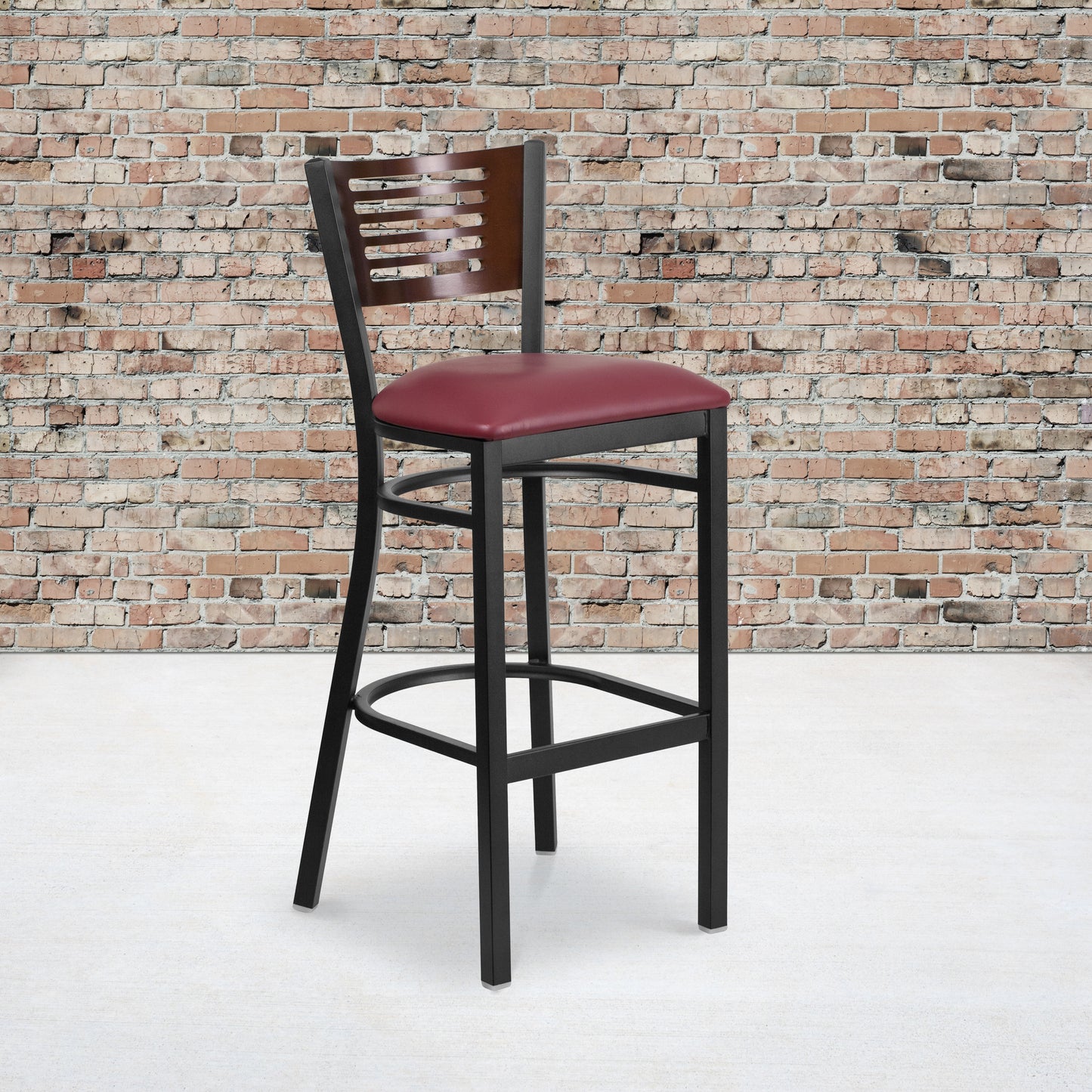 Slat Back Metal Restaurant Barstool - Walnut Wood Back, Vinyl Seat