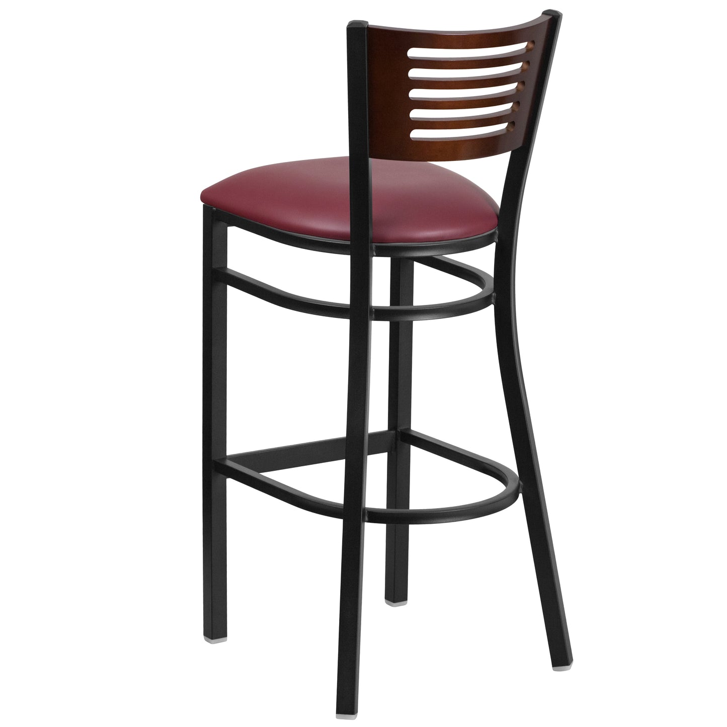 Slat Back Metal Restaurant Barstool - Walnut Wood Back, Vinyl Seat