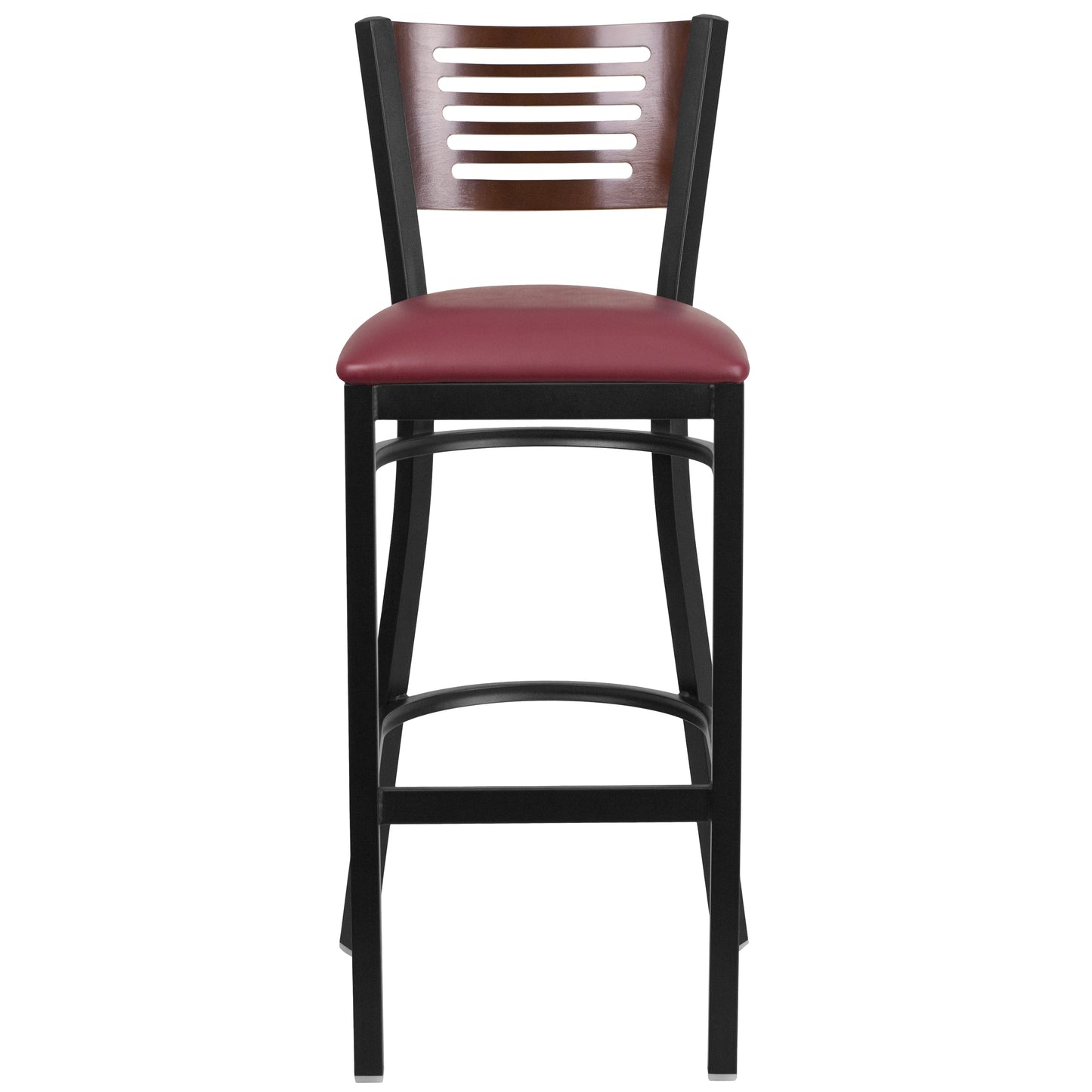 Slat Back Metal Restaurant Barstool - Walnut Wood Back, Vinyl Seat