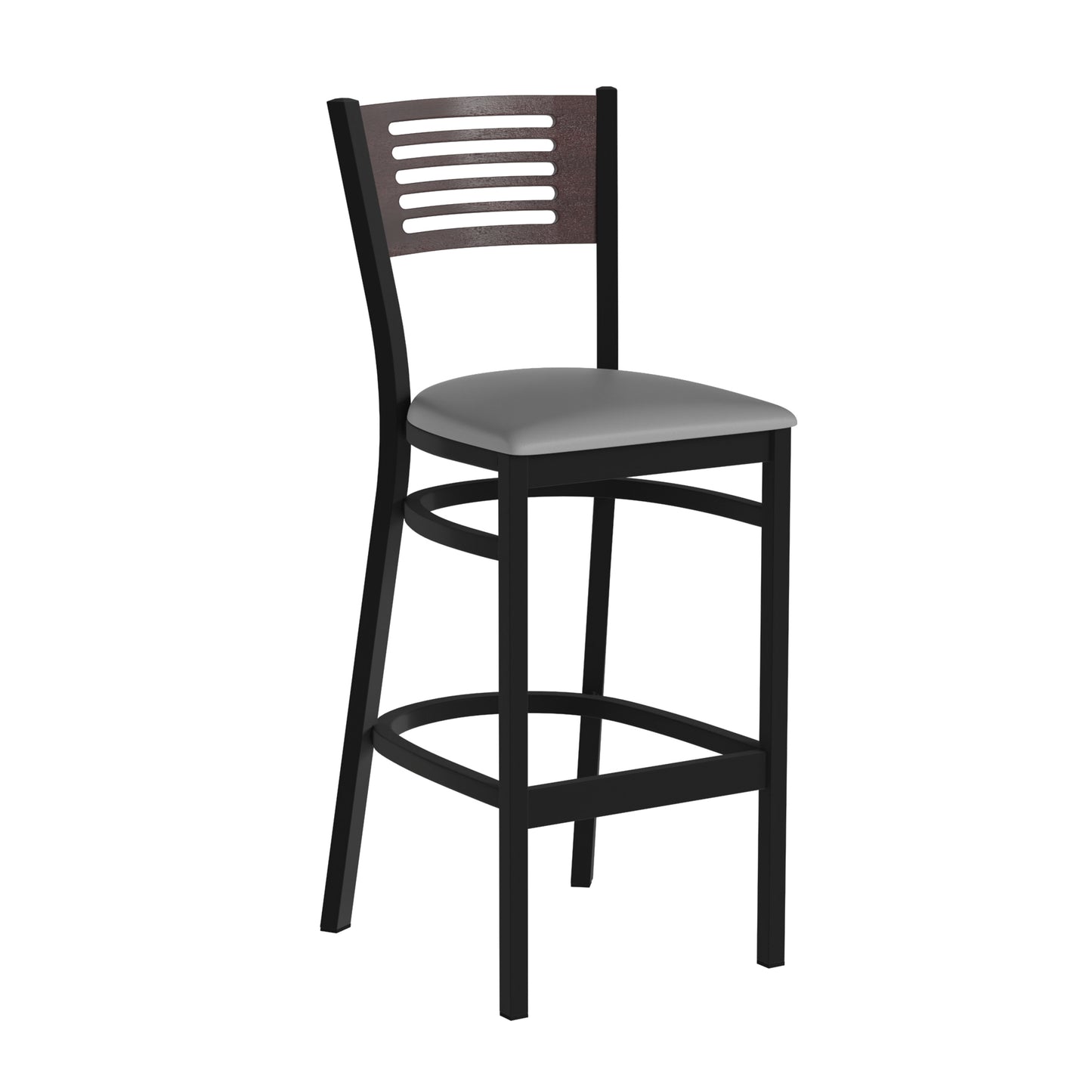 Slat Back Metal Restaurant Barstool - Walnut Wood Back, Vinyl Seat