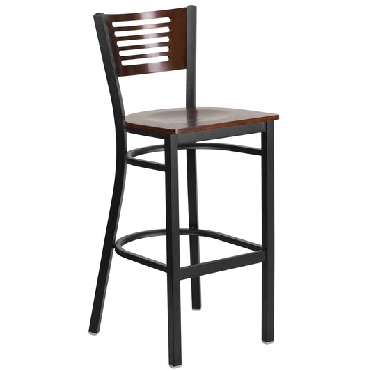 Slat Back Metal Restaurant Barstool - Walnut Wood Back & Seat