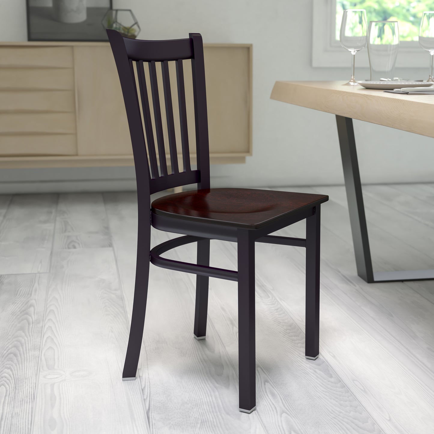 Vertical Back Metal Restaurant Chair - Wood Seat