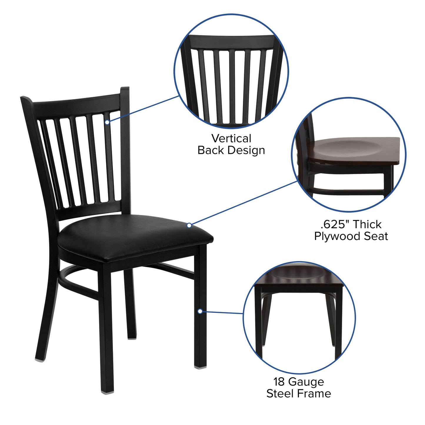 Vertical Back Metal Restaurant Chair - Wood Seat