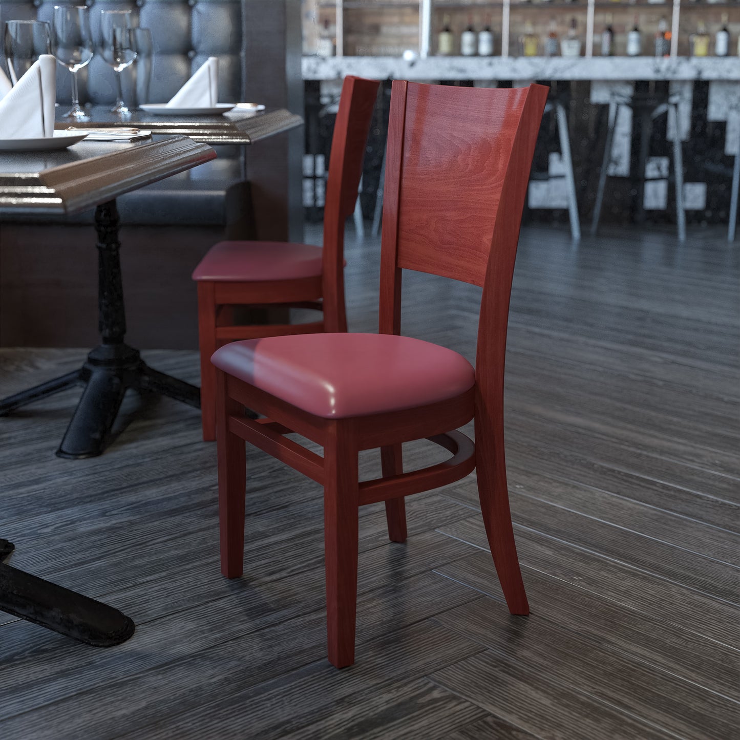 Solid Back Walnut Wood Restaurant Chair - Vinyl Seat