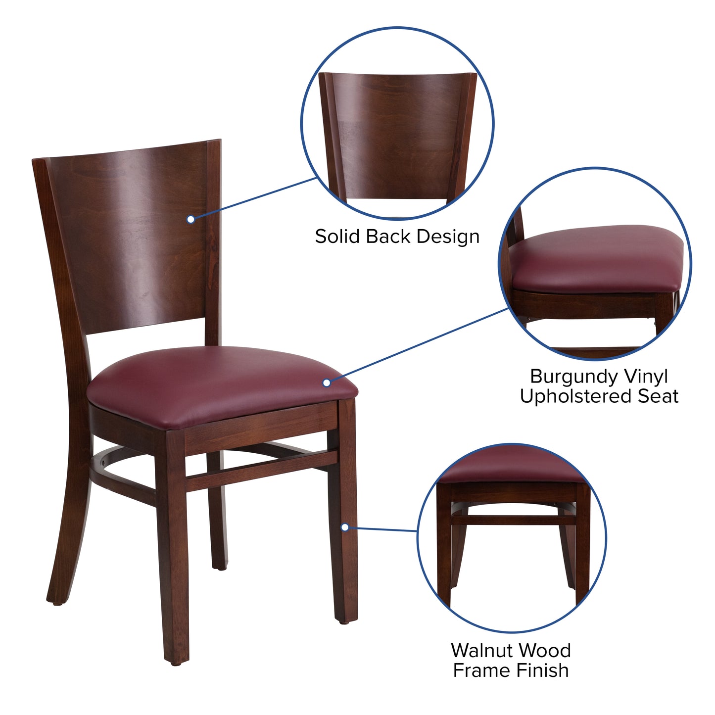 Solid Back Walnut Wood Restaurant Chair - Vinyl Seat