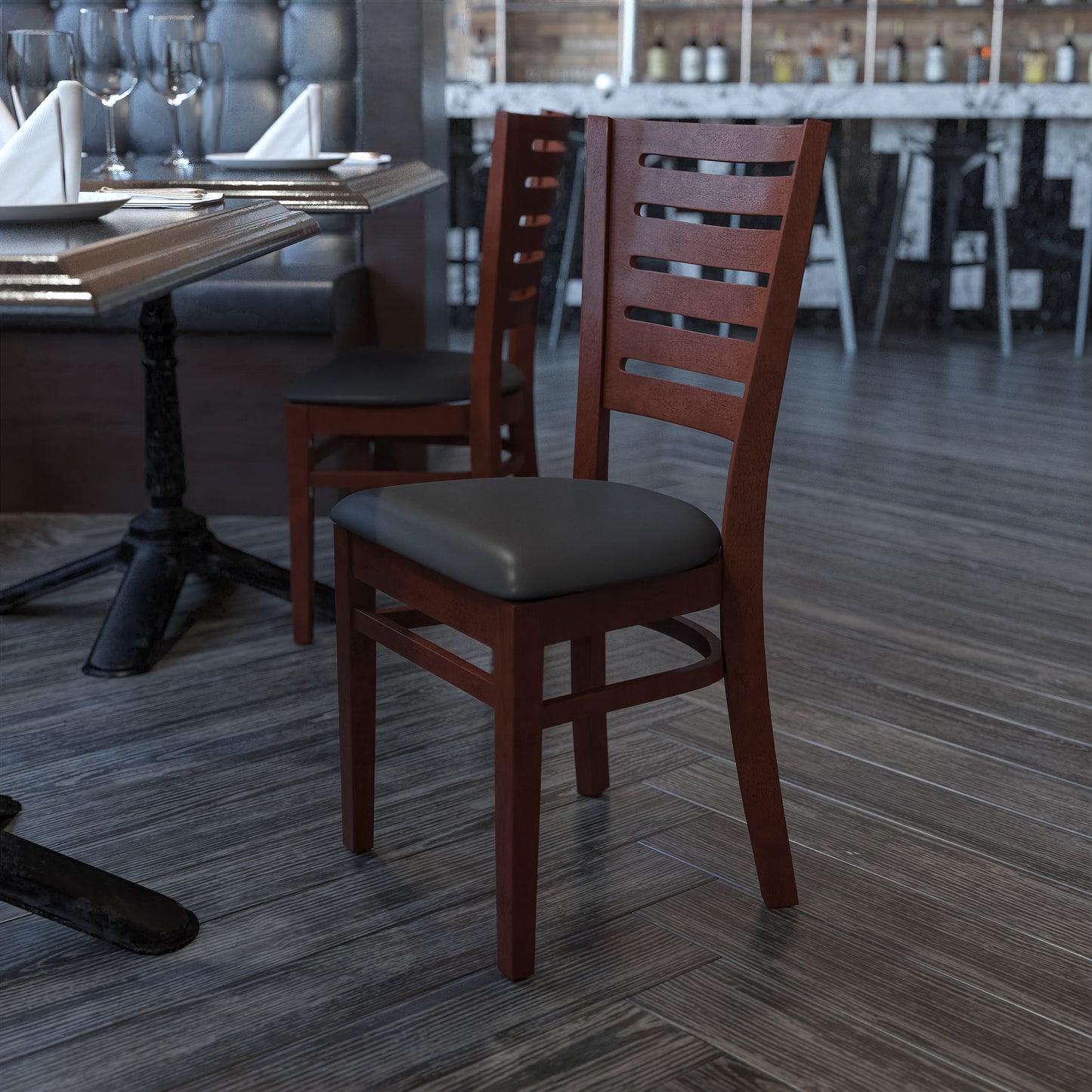 Slat Back Walnut Wood Restaurant Chair - Vinyl Seat