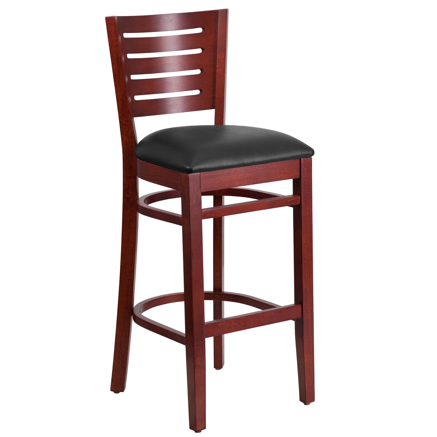 Slat Back Mahogany Wood Restaurant Barstool - Vinyl Seat