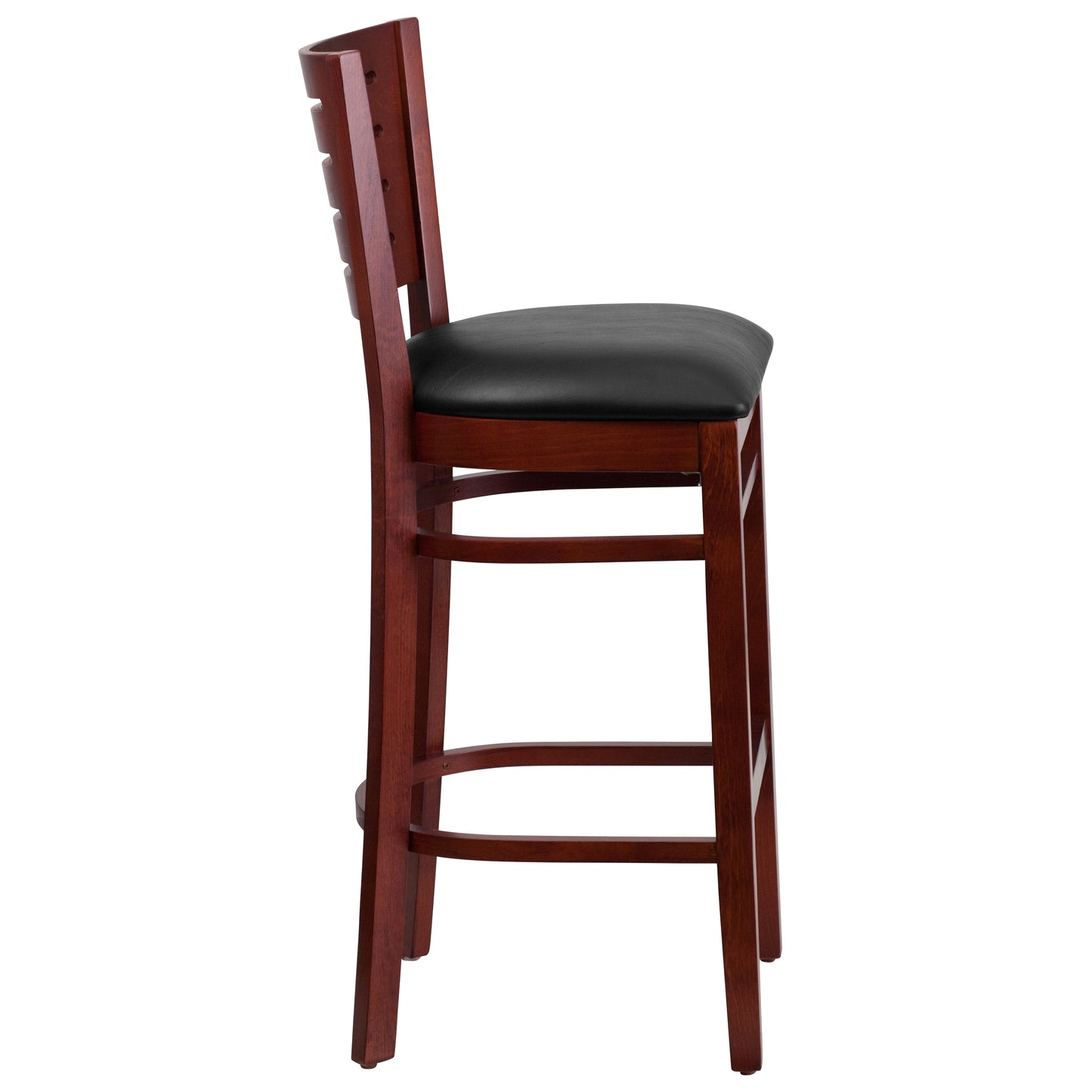 Slat Back Mahogany Wood Restaurant Barstool - Vinyl Seat