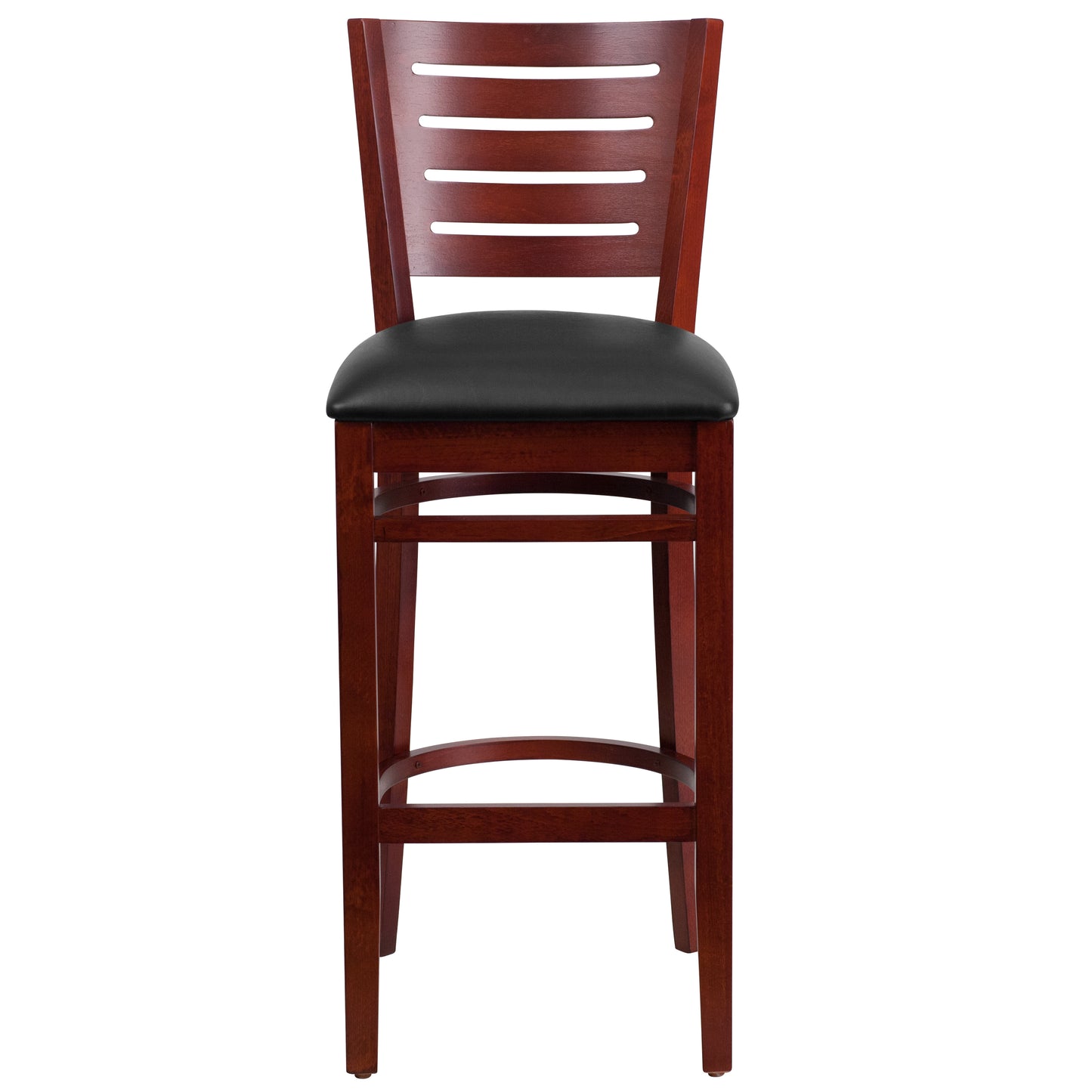 Slat Back Mahogany Wood Restaurant Barstool - Vinyl Seat