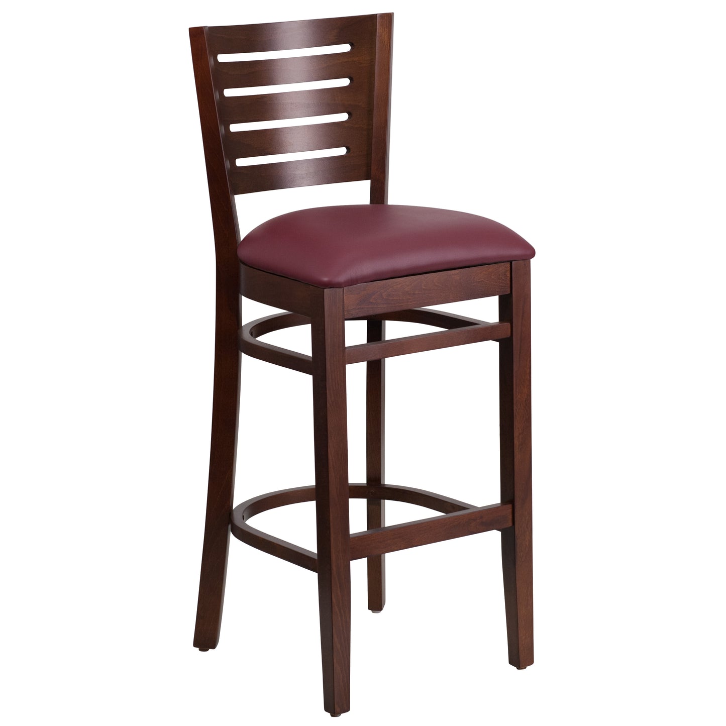 Slat Back Walnut Wood Restaurant Barstool - Vinyl Seat