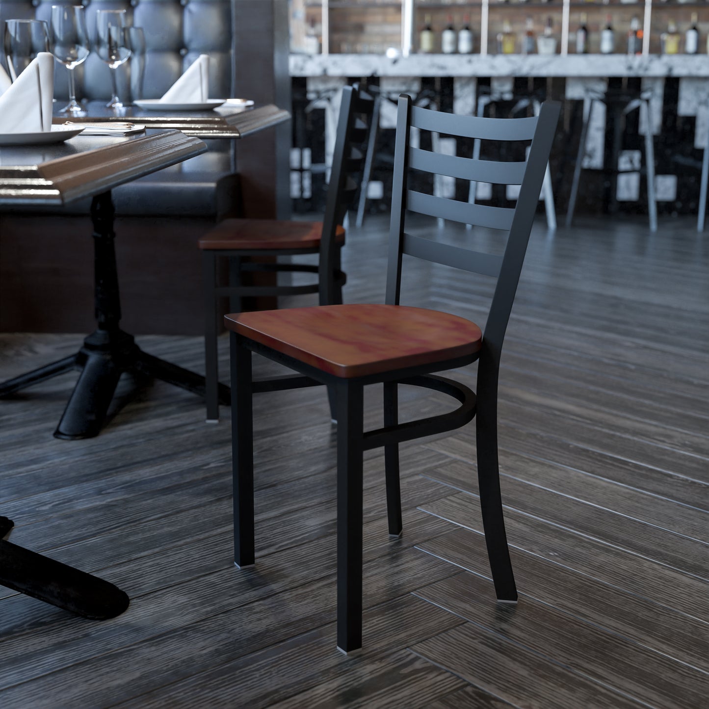 Ladder Back Metal Restaurant Chair - Wood Seat