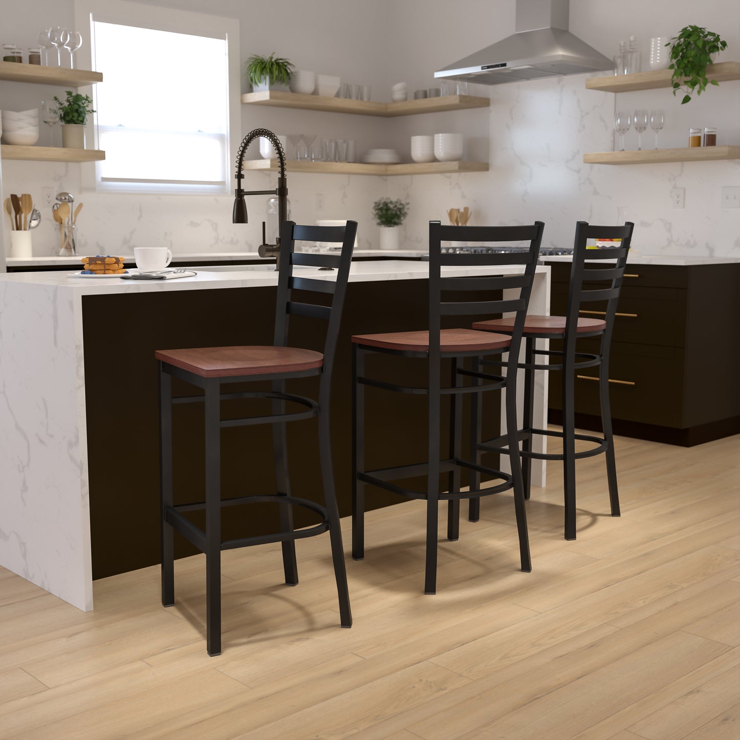 Ladder Back Metal Restaurant Barstool - Wood Seat