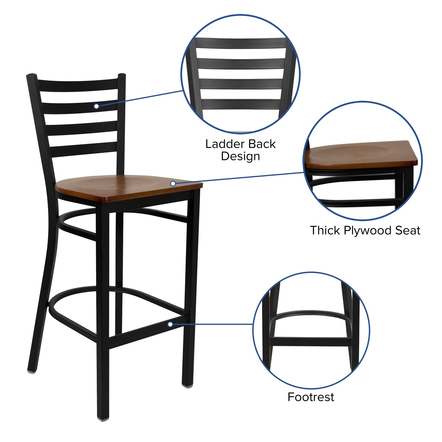 Ladder Back Metal Restaurant Barstool - Wood Seat