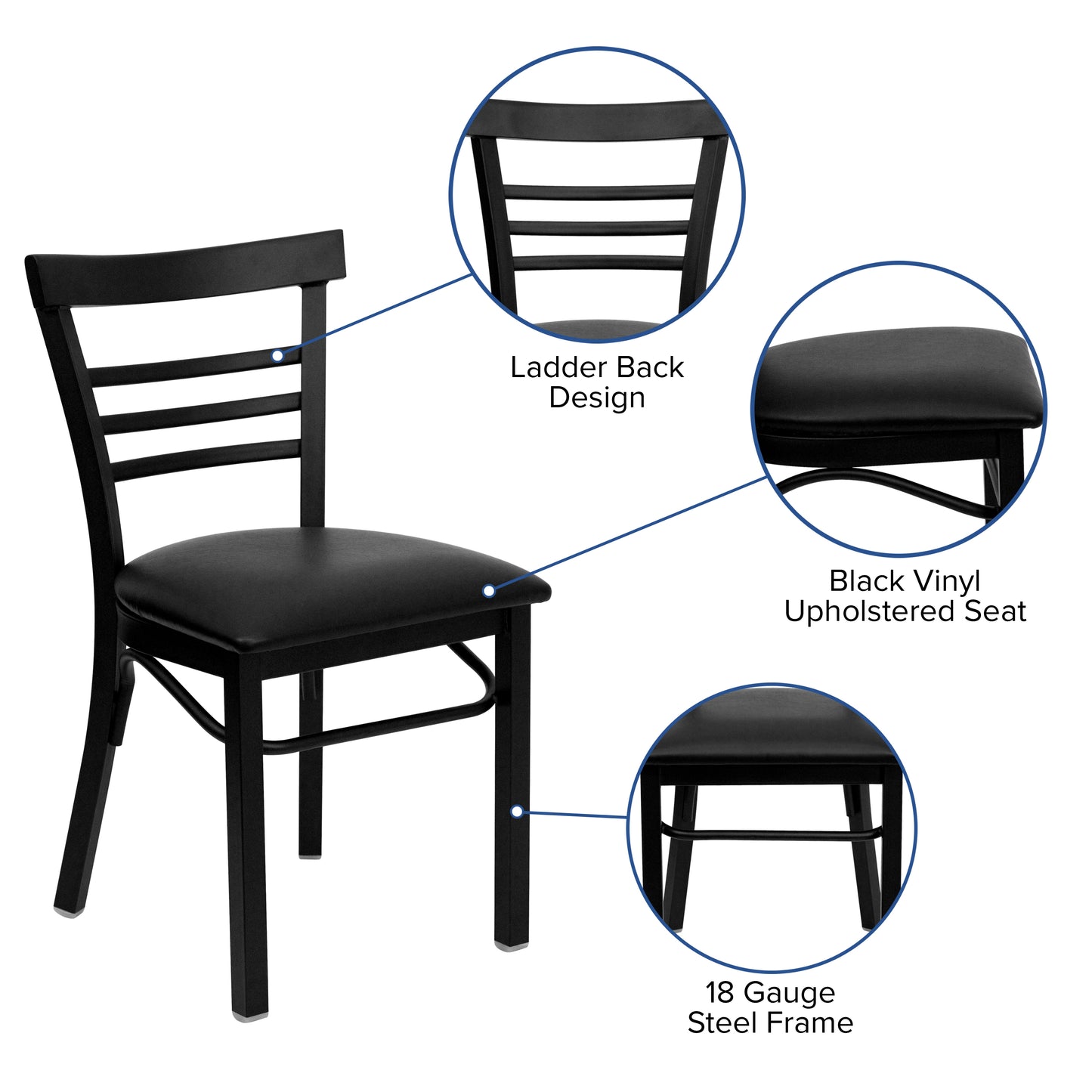 Three-Slat Ladder Back Metal Restaurant Chair - Vinyl Seat