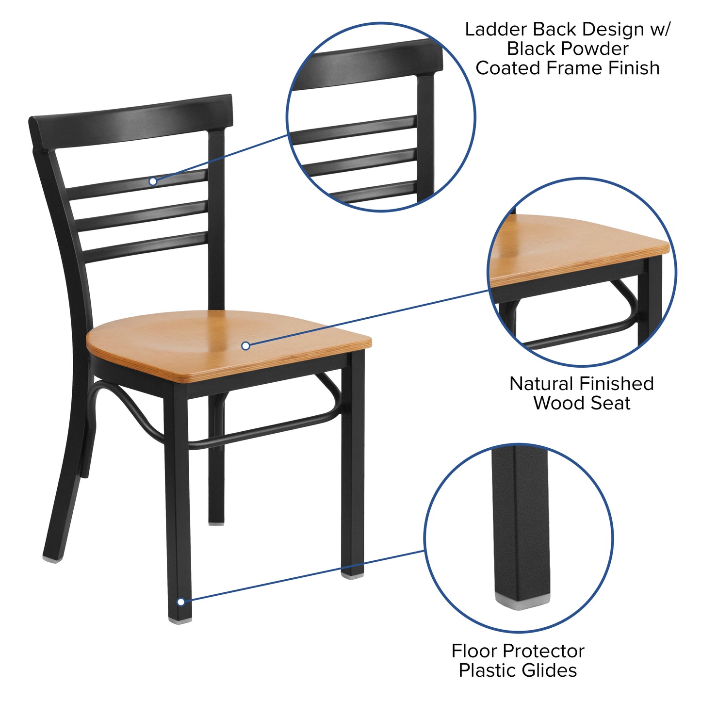 Three-Slat Ladder Back Metal Restaurant Chair - Wood Seat