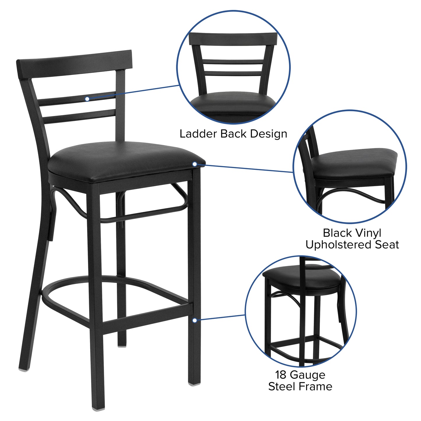 Two-Slat Ladder Back Metal Restaurant Barstool - Vinyl Seat