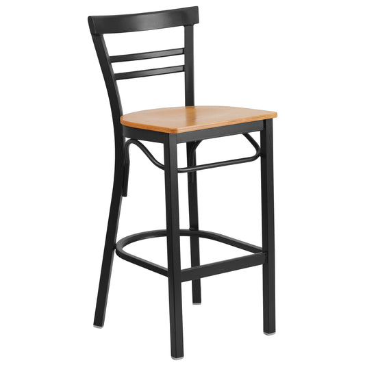 Two-Slat Ladder Back Metal Restaurant Barstool - Wood Seat