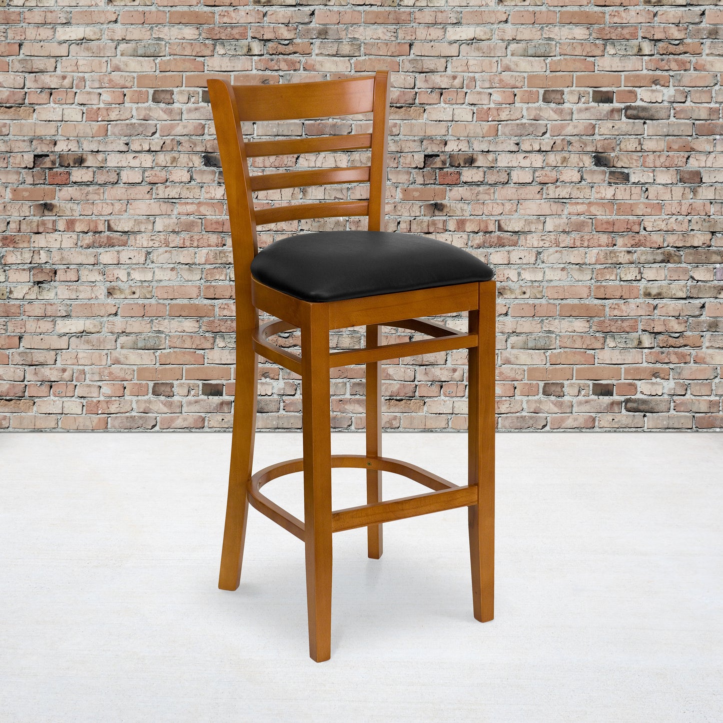 Ladder Back Cherry Wood Restaurant Barstool - Vinyl Seat