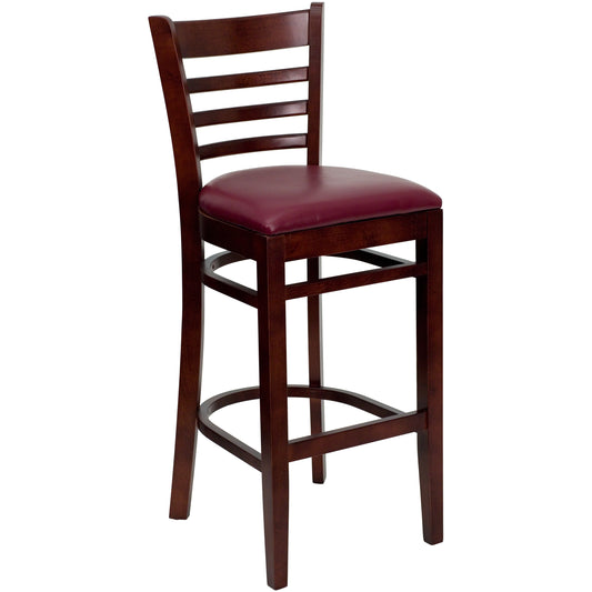 Ladder Back Mahogany Wood Restaurant Barstool - Vinyl Seat