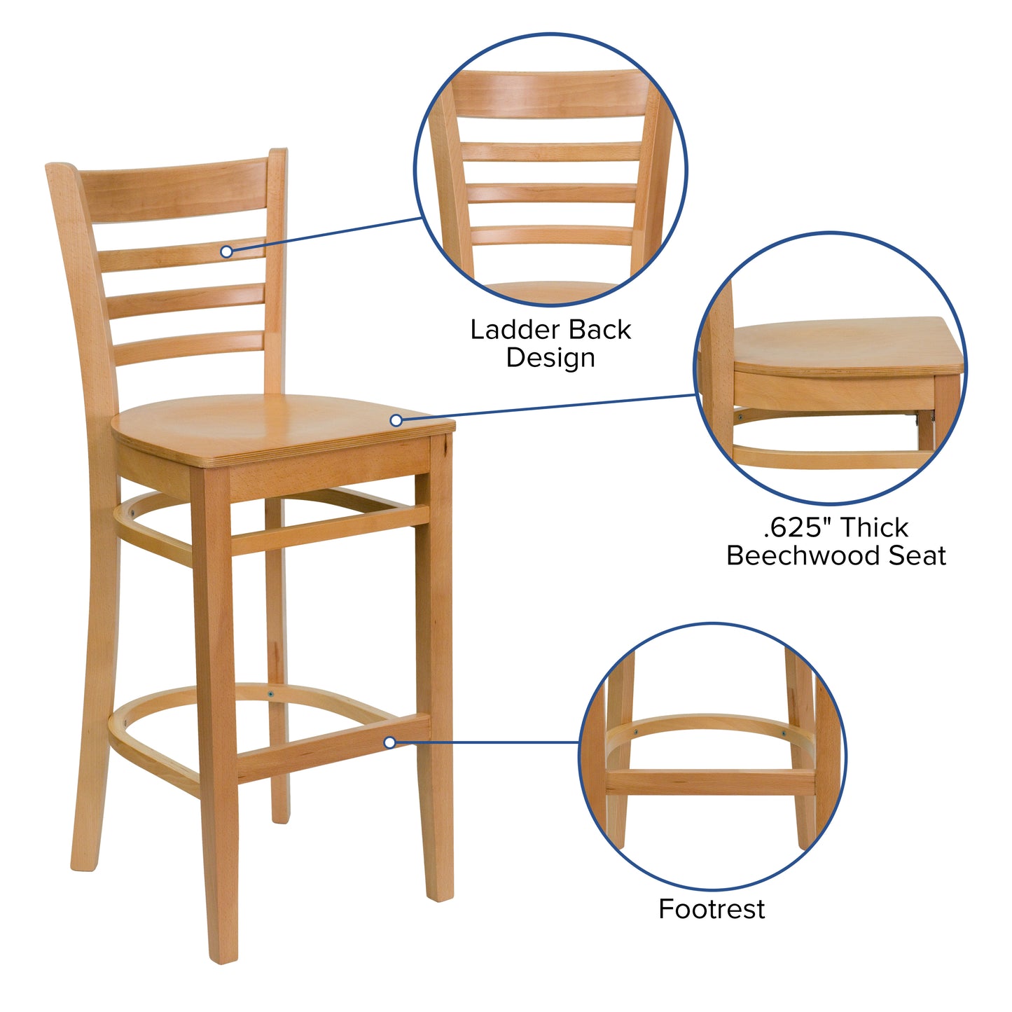 Ladder Back Natural Wood Restaurant Barstool