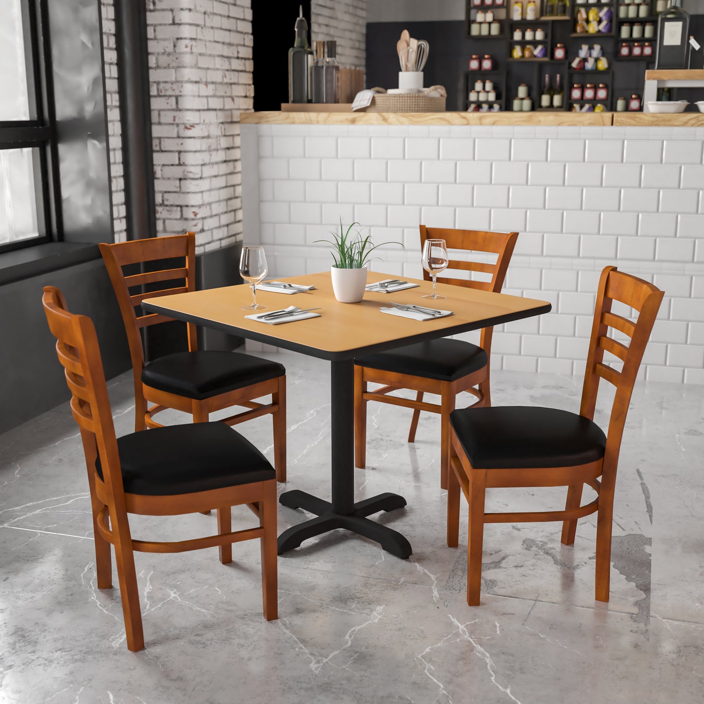 Ladder Back Cherry Wood Restaurant Chair - Vinyl Seat