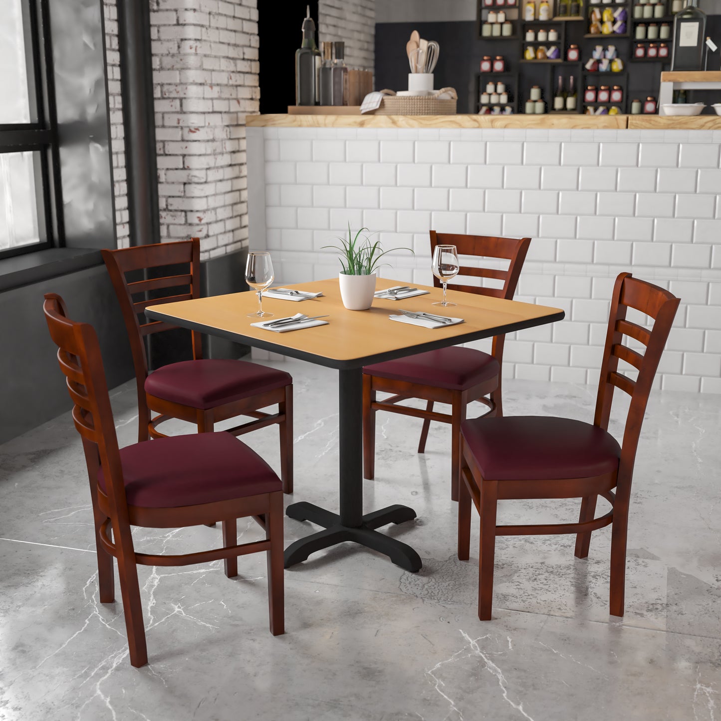 Ladder Back Mahogany Wood Restaurant Chair - Vinyl Seat