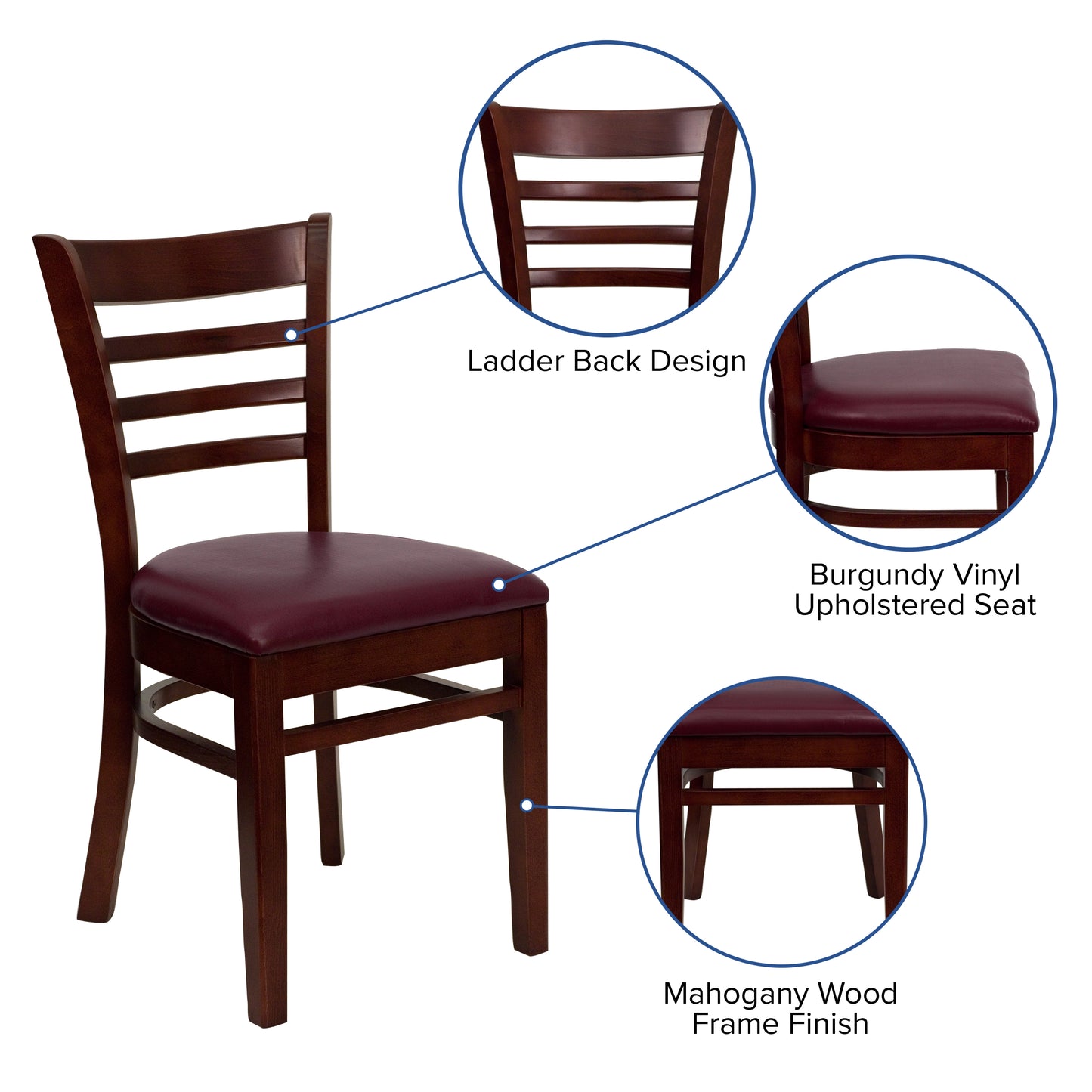 Ladder Back Mahogany Wood Restaurant Chair - Vinyl Seat