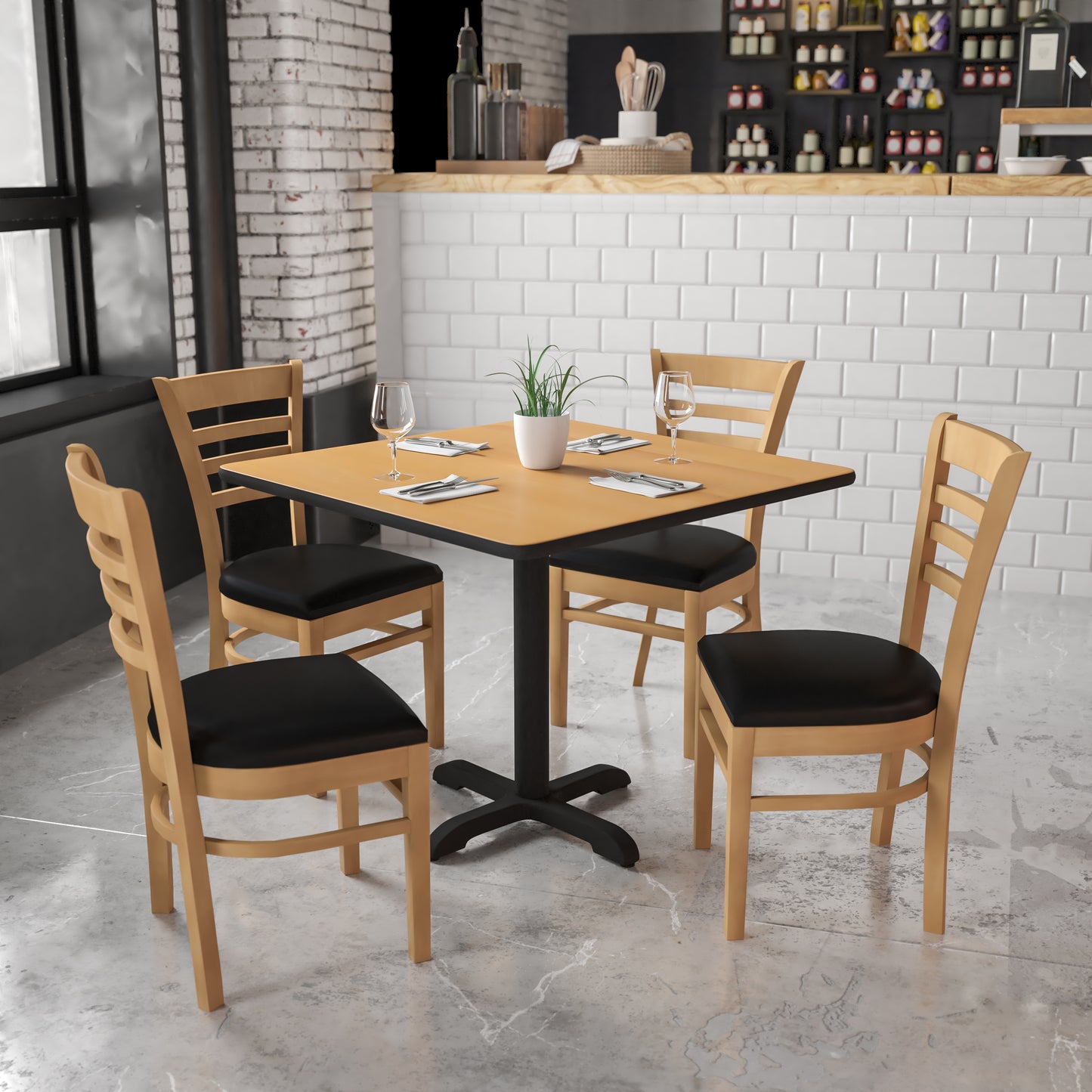 Ladder Back Natural Wood Restaurant Chair - Vinyl Seat